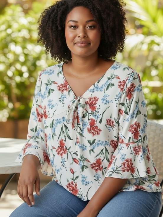 She + Sky Tops - NWT She + Sky Floral Layered Bell Sleeve Blouse - Red and Blue ~sz 1XL